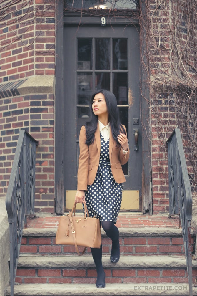 navy dots cream blouse
