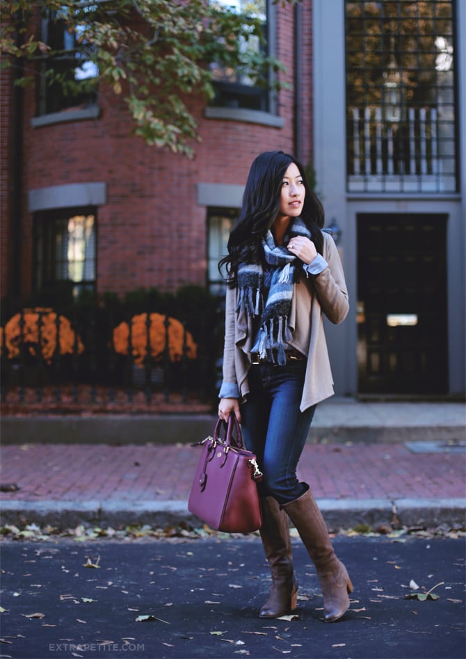 petite fashion - tall boots cardigan scarf