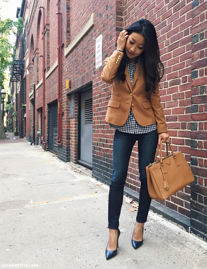 casual fridays outfit jeans blazer gingham