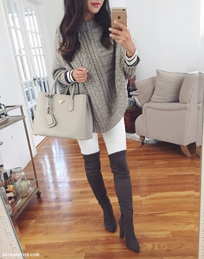 over the knee boots poncho prada gray bag fall outfit