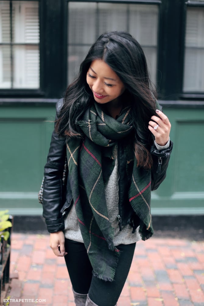 casual outfit boots plaid scarf moto jacket
