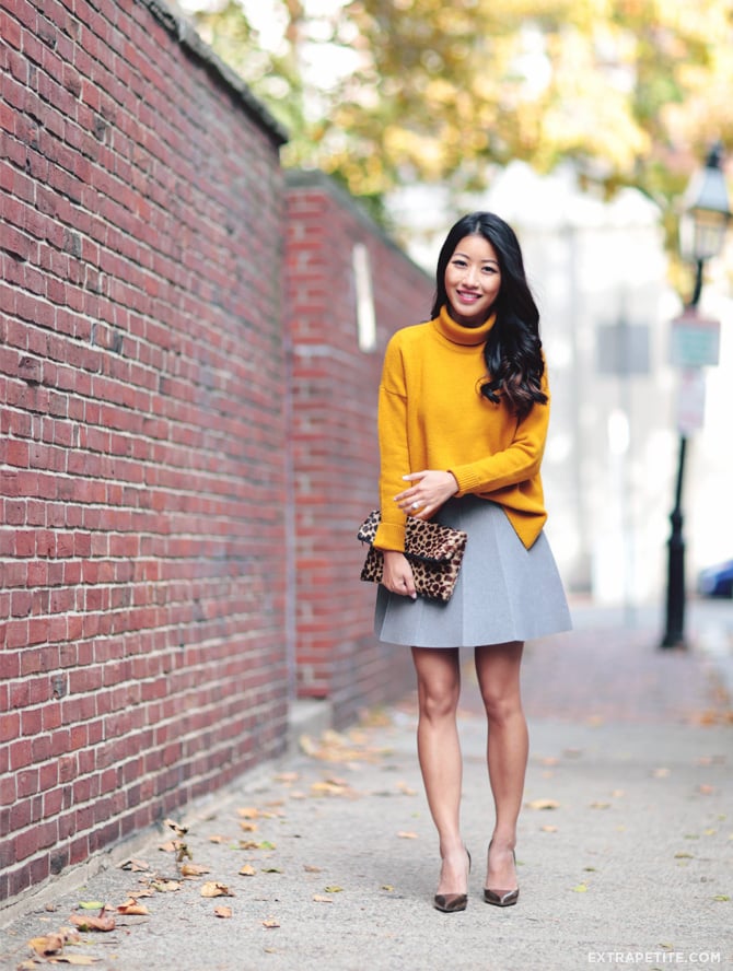 mustard sweater grey skirt outfit 1