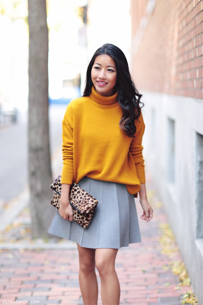 mustard sweater grey skirt outfit 2