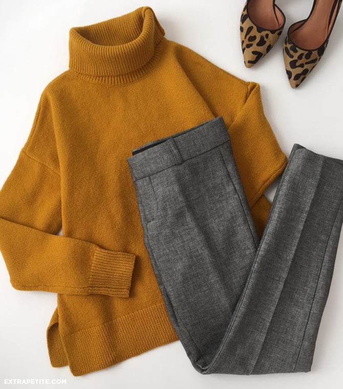 mustard sweater grey pants outfit