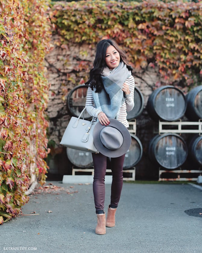 Napa fall outfit burgundy gray blanket scarf 1