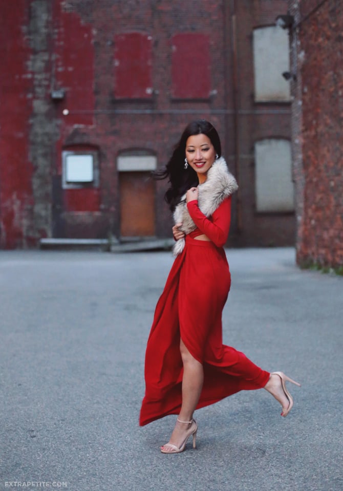 asos petite long red dress faux fur scarf