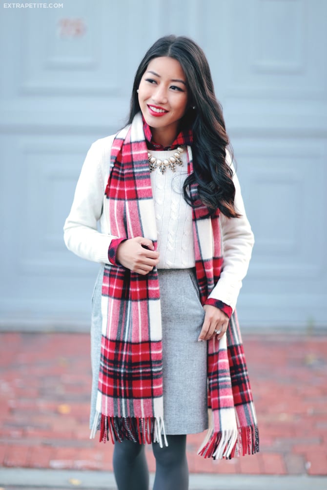 petites holiday outfit cable sweater plaid scarf