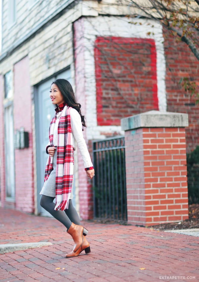 petites winter outfit cable sweater plaid scarf1