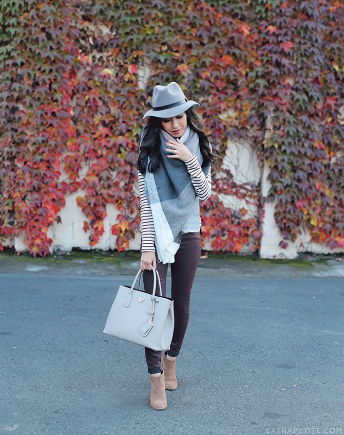 Napa fall outfit burgundy gray blanket scarf