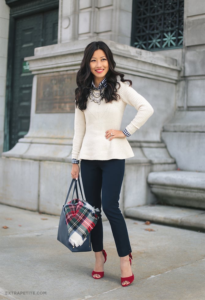 holiday office outfit - peplum sweater tartan red heels