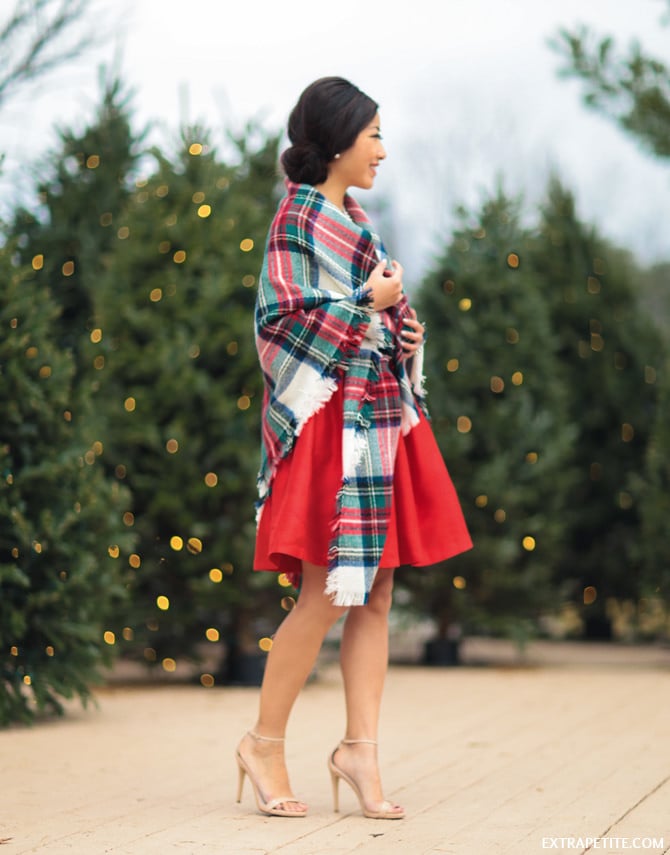 red bow dress tartan scarf wrap christmas