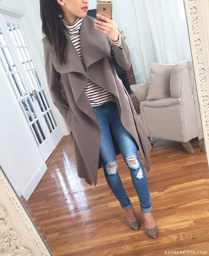 boohoo petites waterfall drape wrap coat