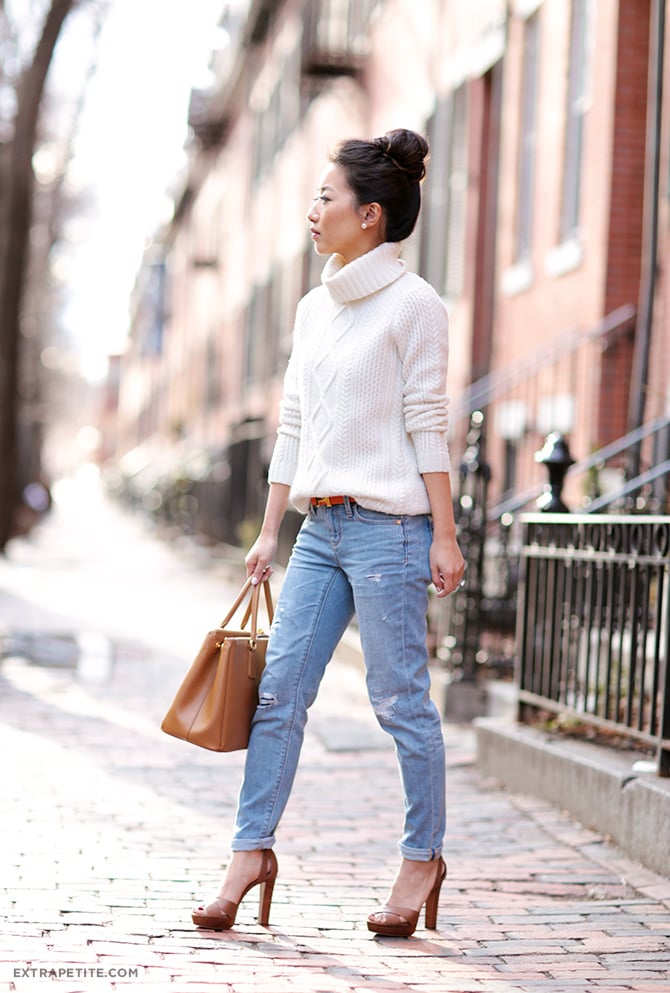 cable cream sweater casual boyfriend jeans petite fashion