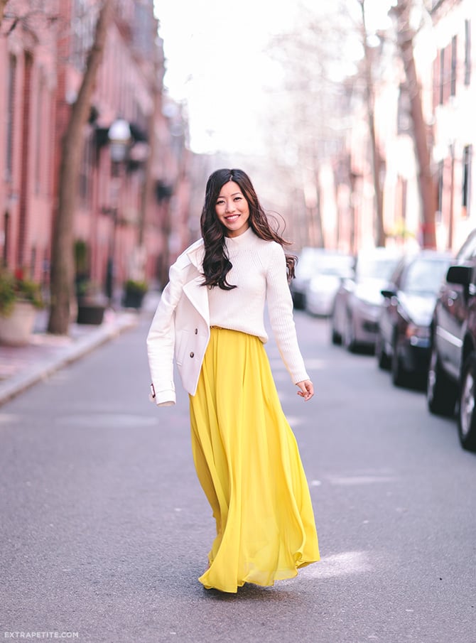 how to style maxi skirts petites yellow spring casual outfit