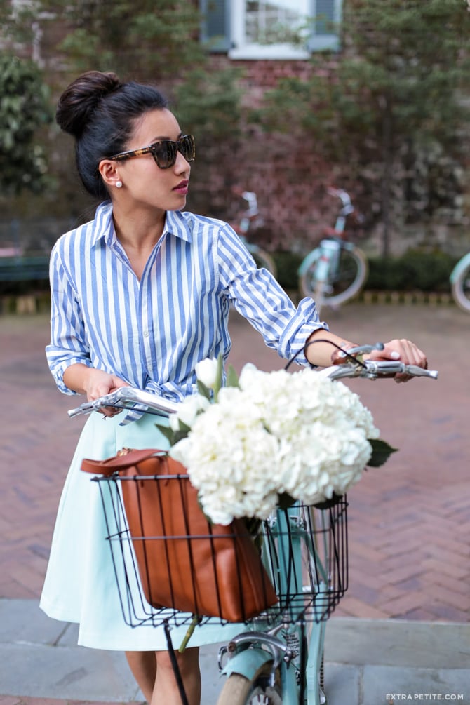 bike ride outfit charleston mint green skirt navy stripes shirt
