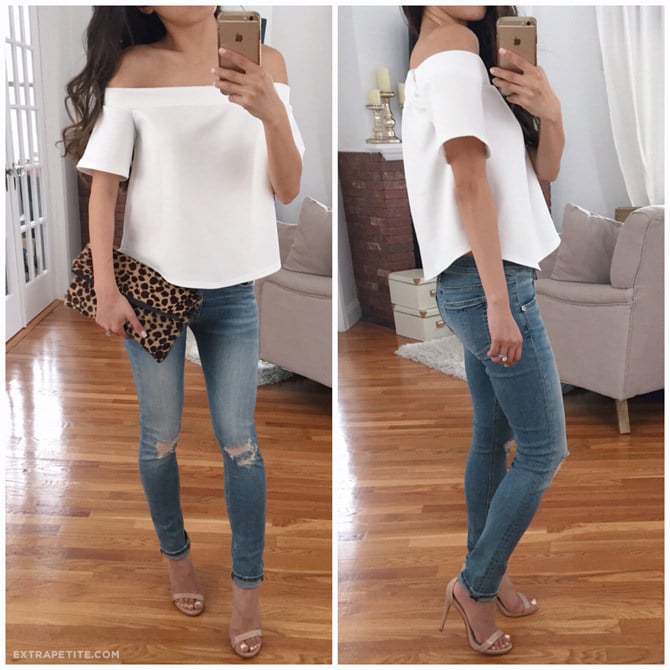 white off cold shoulder top boohoo petites rag bone jeans