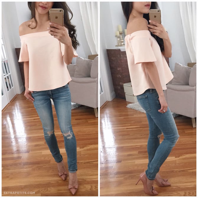 boohoo petite off shoulder top rag bone murray jeans