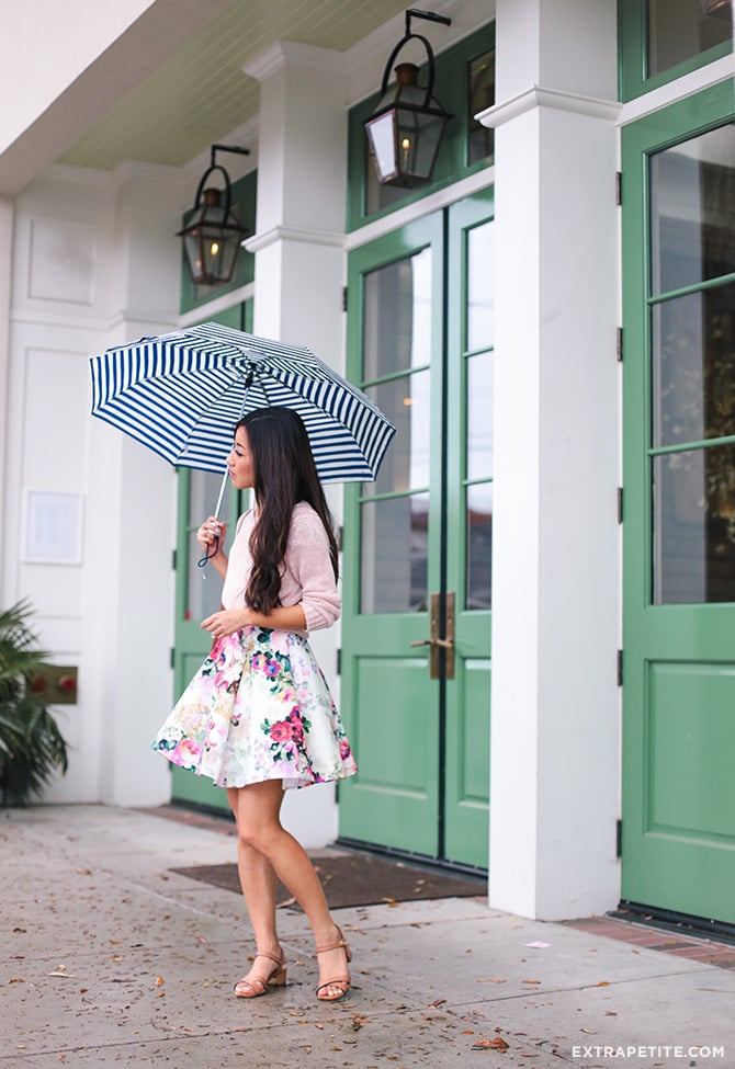 rainy day spring outfit floral dress petite