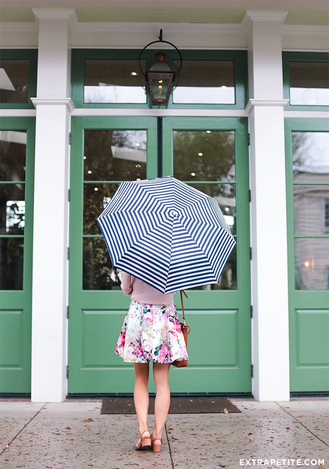 navy striped umbrella rainy day spring outfit