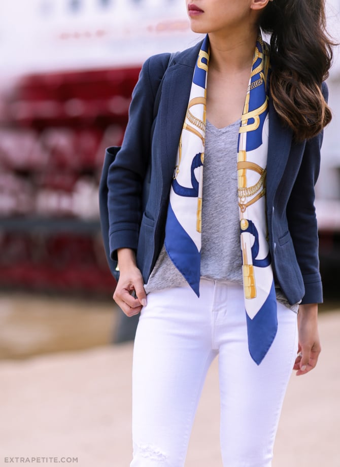 white jeans navy blazer hermes scarf outfit