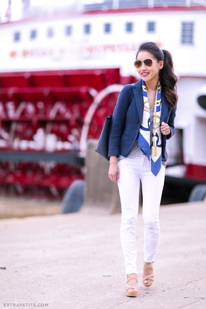 white jeans navy blazer hermes scarf outfit1