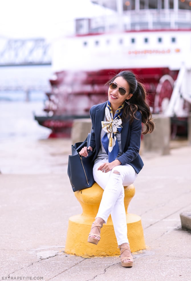 casual friday navy blazer white pants outfit