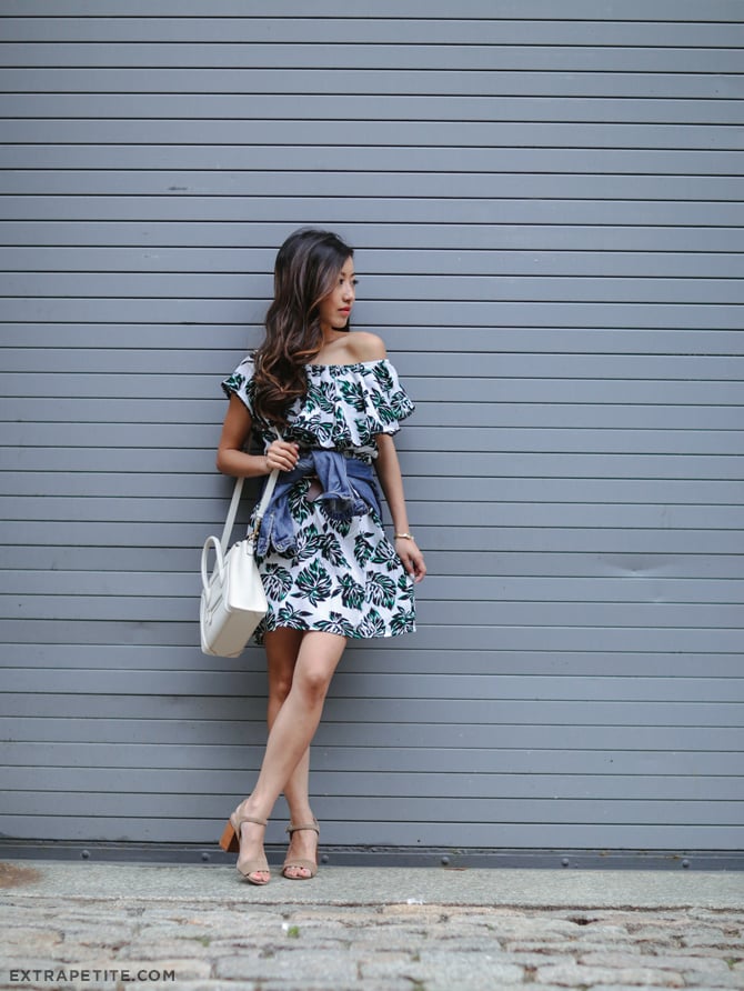lord taylor palm print off shoulder ruffle dress