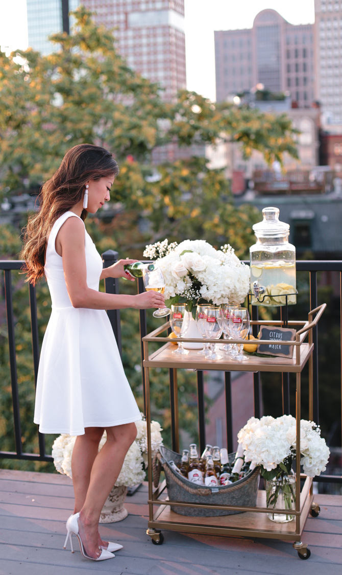 summer roof deck white party bar cart