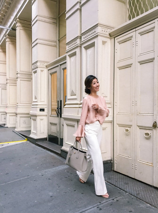 bell sleeves ann taylor petite white pants work outfit
