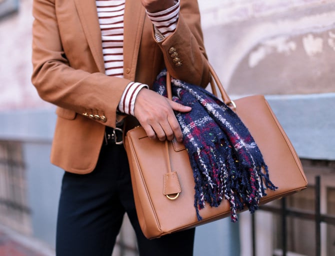 jcrew camel blazer prada saffiano tote carmello