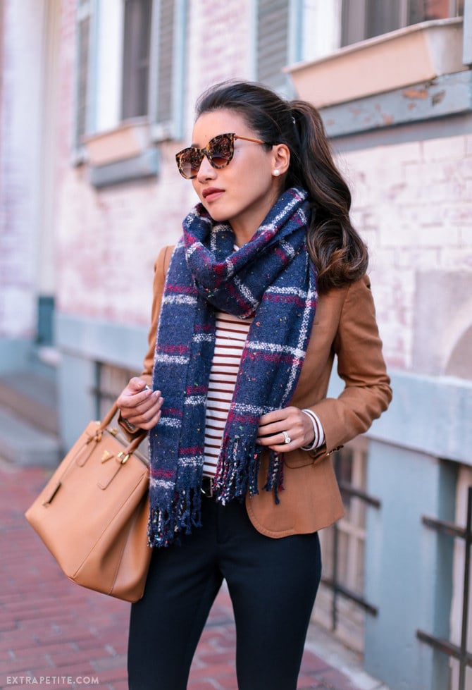 camel brown blazer plaid scarf fall work outfit idea