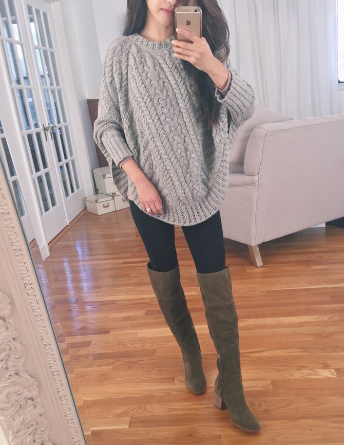 fall casual outfit anthropologie poncho sweater tall boots