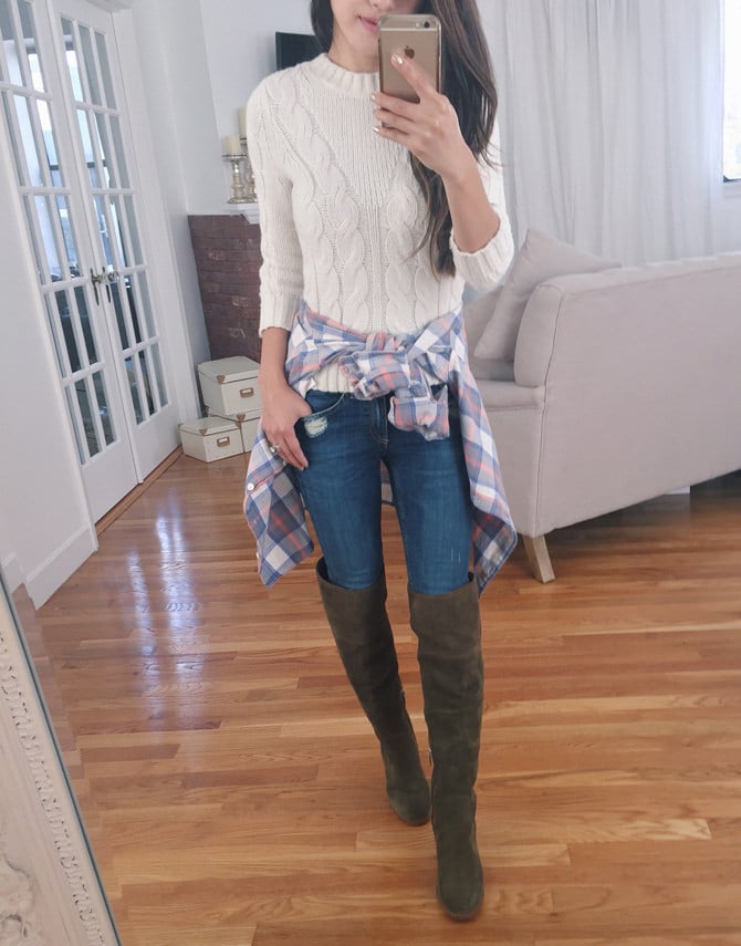 fall outfit idea OTK boots cable sweater plaid shirt