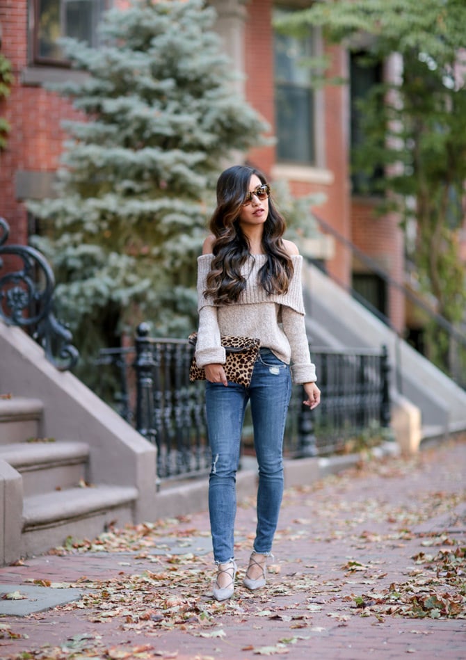 fall outfit ideas off shoulder sweater lace up heels