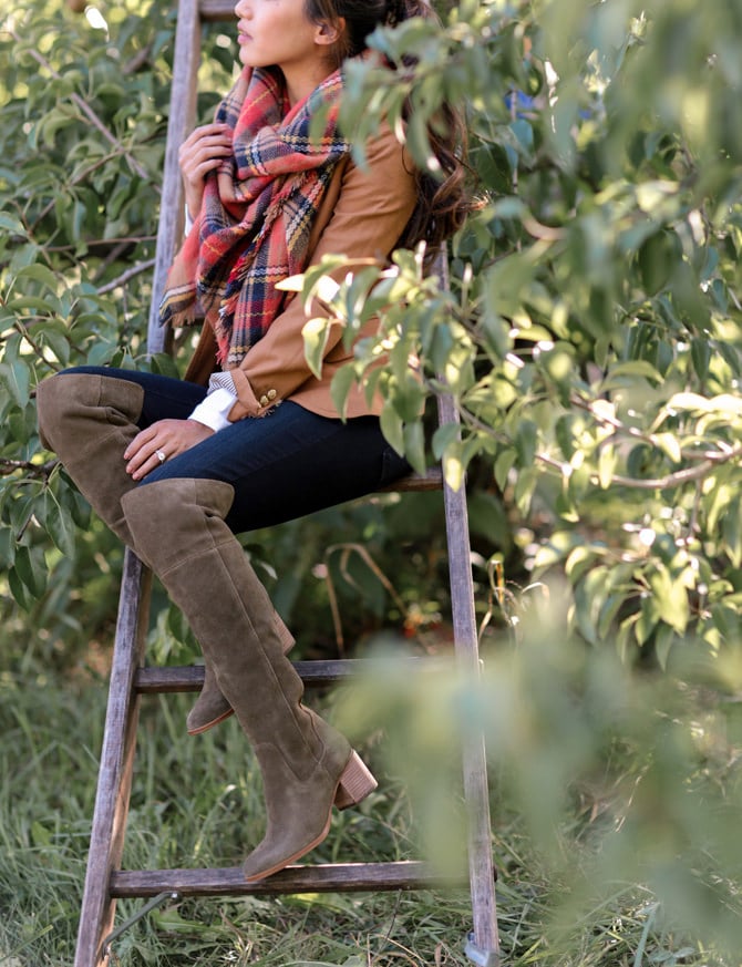 fall fashion blazer blanket scarf over the knee tall boots