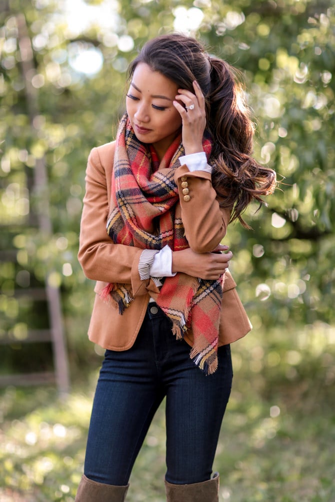 fall outfit jcrew camel blazer nordstrom plaid blanket scarf