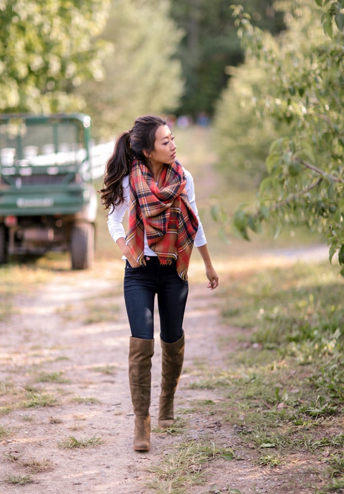 fall style plaid blanket scarf white tee tall boots