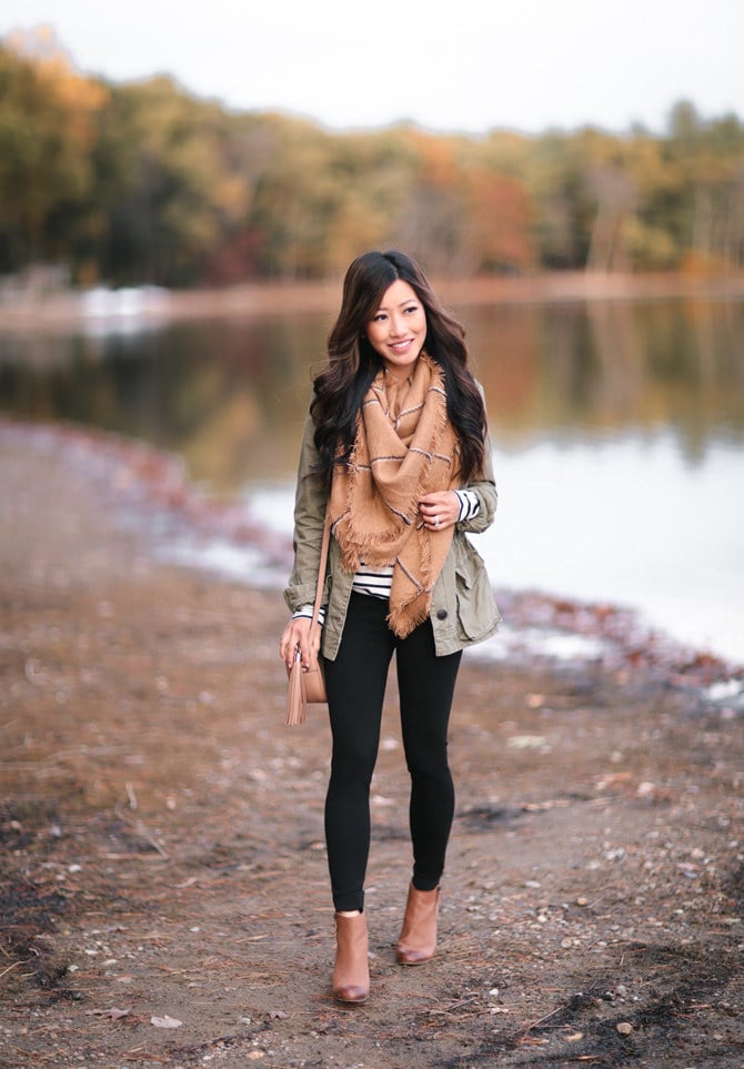 utility jacket tunic leggings outfit idea fall extra petite