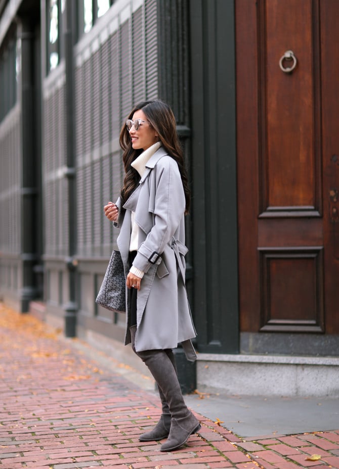 fall layers gray outfit over the knee boots extra petite