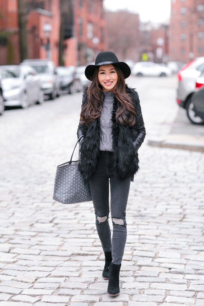faux fur vest winter outfit layers boston fashion blog