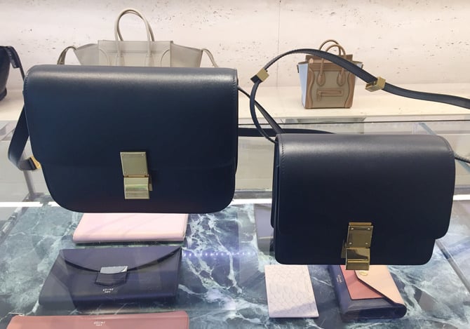 celine navy gold box bag medium vs small size comparison