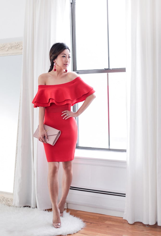 what to wear to a wedding red cocktail dress nude pumps