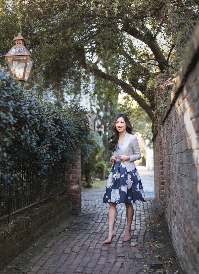 navy floral skirt blazer business casual spring outfit