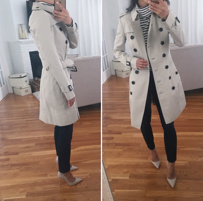 Boston style blogger, Extra Petite shares Burberry Trench Coat Reviews. Take a look at the Chelsea vs the Sandringham and see what works for you.