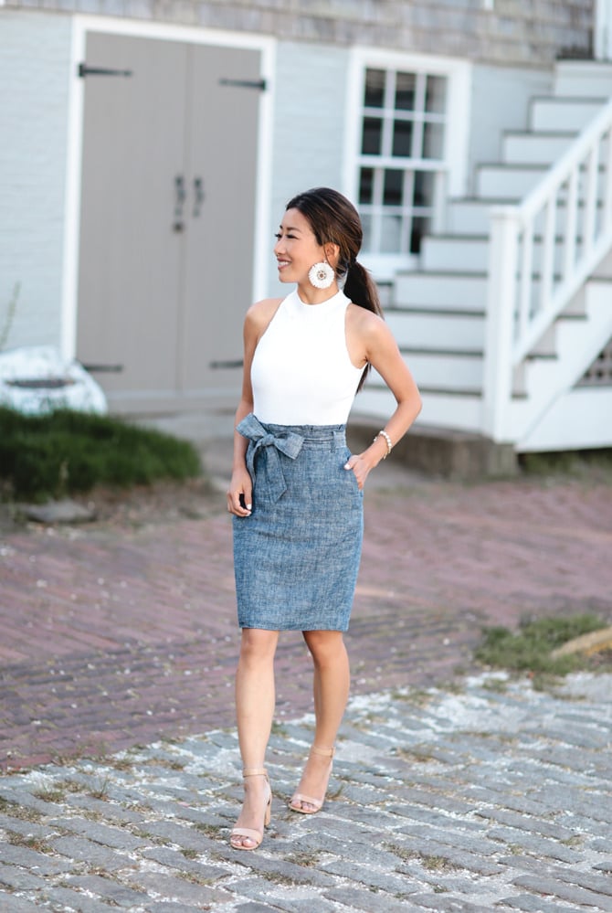 halter top denim pencil skirt summer classic outfit petites