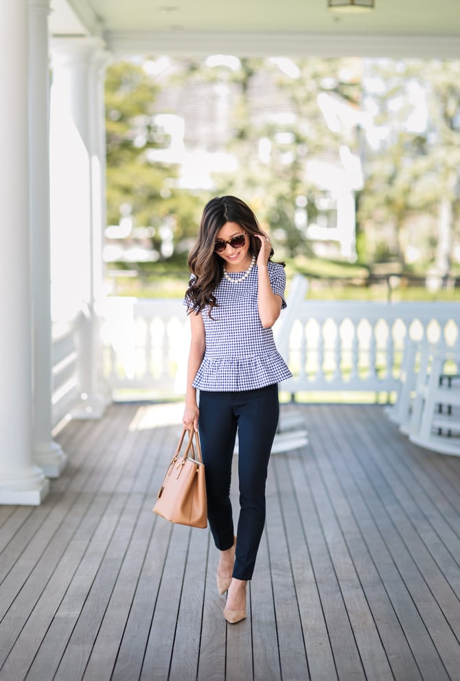 gingham peplum top cute spring summer work outfit petite style