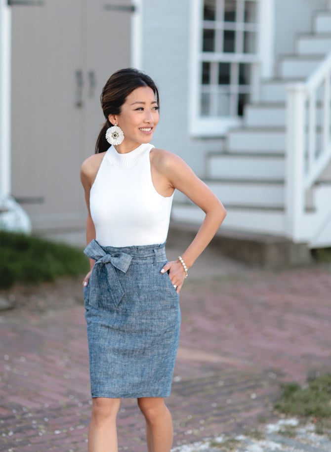 chambray bow pencil skirt summer halter outfit