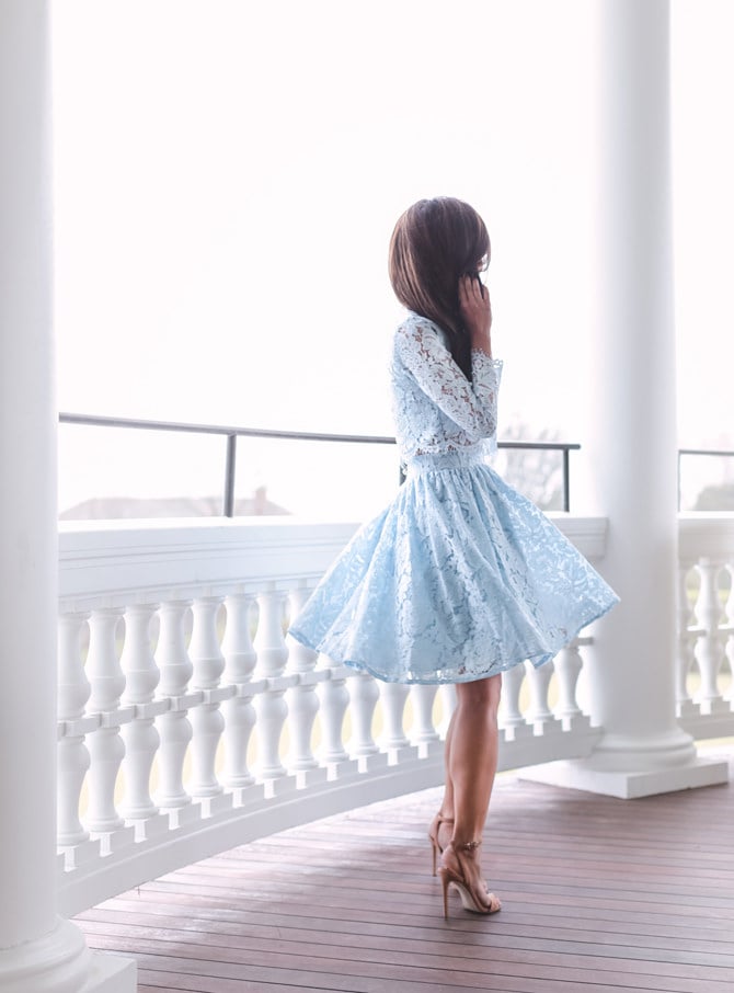 chicwish blue lace skirt dress wedding guest outfit
