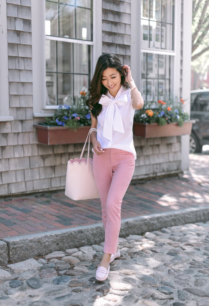 banana republic petite sloan pants bow shirt work outfit