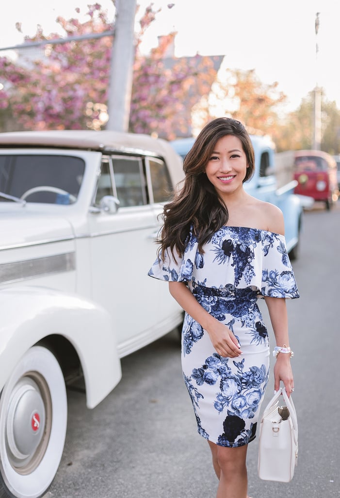 blue white floral bodycon cocktail party dress petite fashion